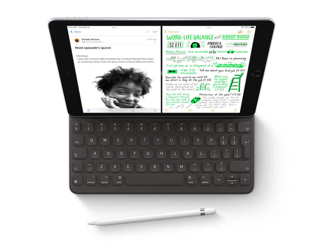 an ipad with a keyboard and Apple pencil